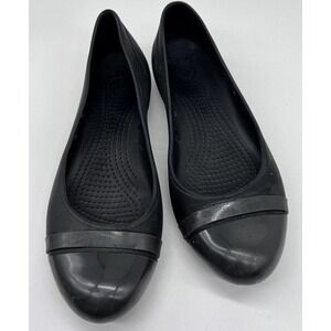 Crocs Women's 8W Ballet Flats Shiny Cap Toe Black Slides Slip On Comfort Shoes